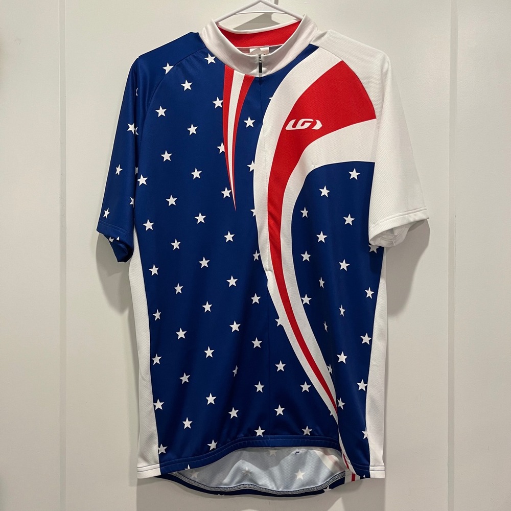 Louis Garneau Mens XL Patriotic Stars Stripes Cycling Jersey Red White Blue